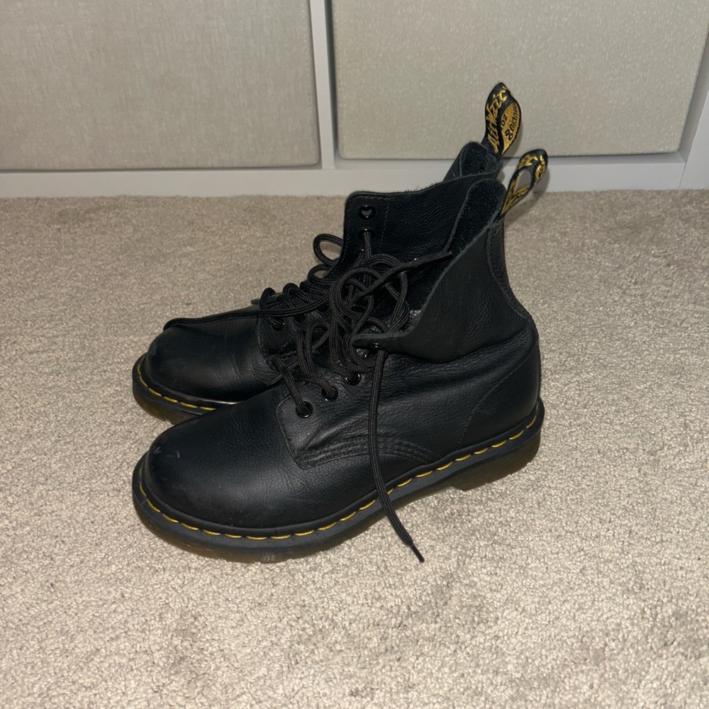 Dr. Martens Black Leather Boots with Yellow Stitching